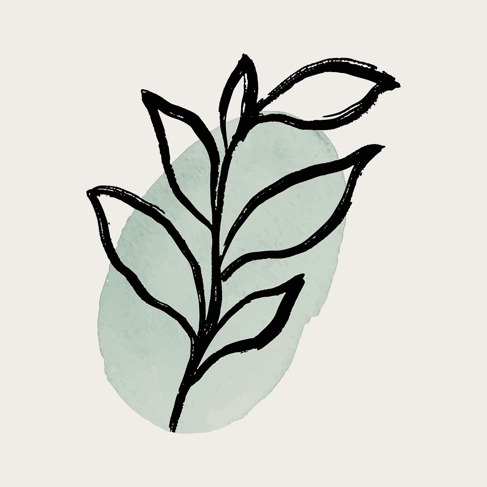 Leaf collage sticker, simple black botanical illustration on green brushstroke vector