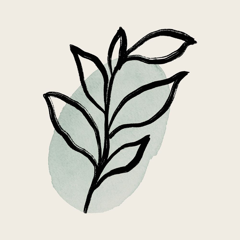 Leaf collage sticker, simple black botanical illustration on green brushstroke psd