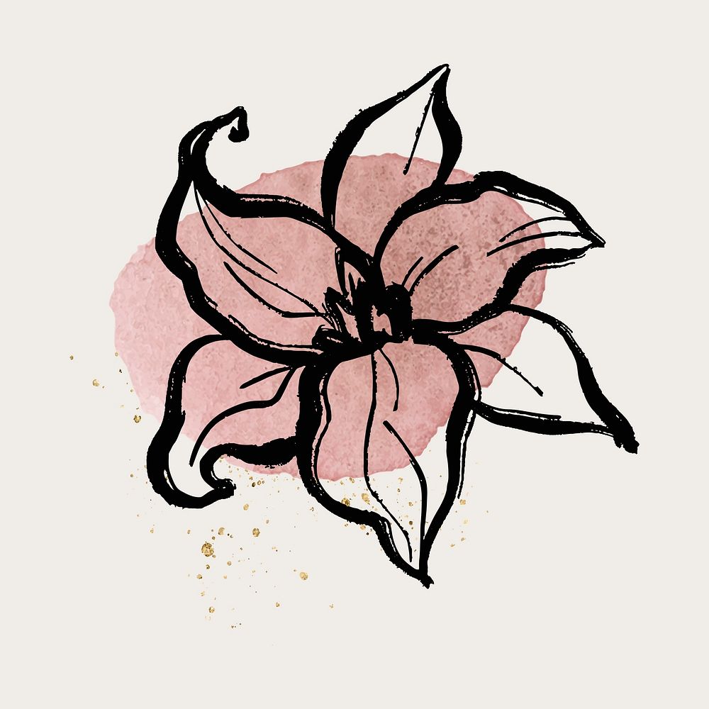 Flower collage element, black lily line art on pink brushstroke vector