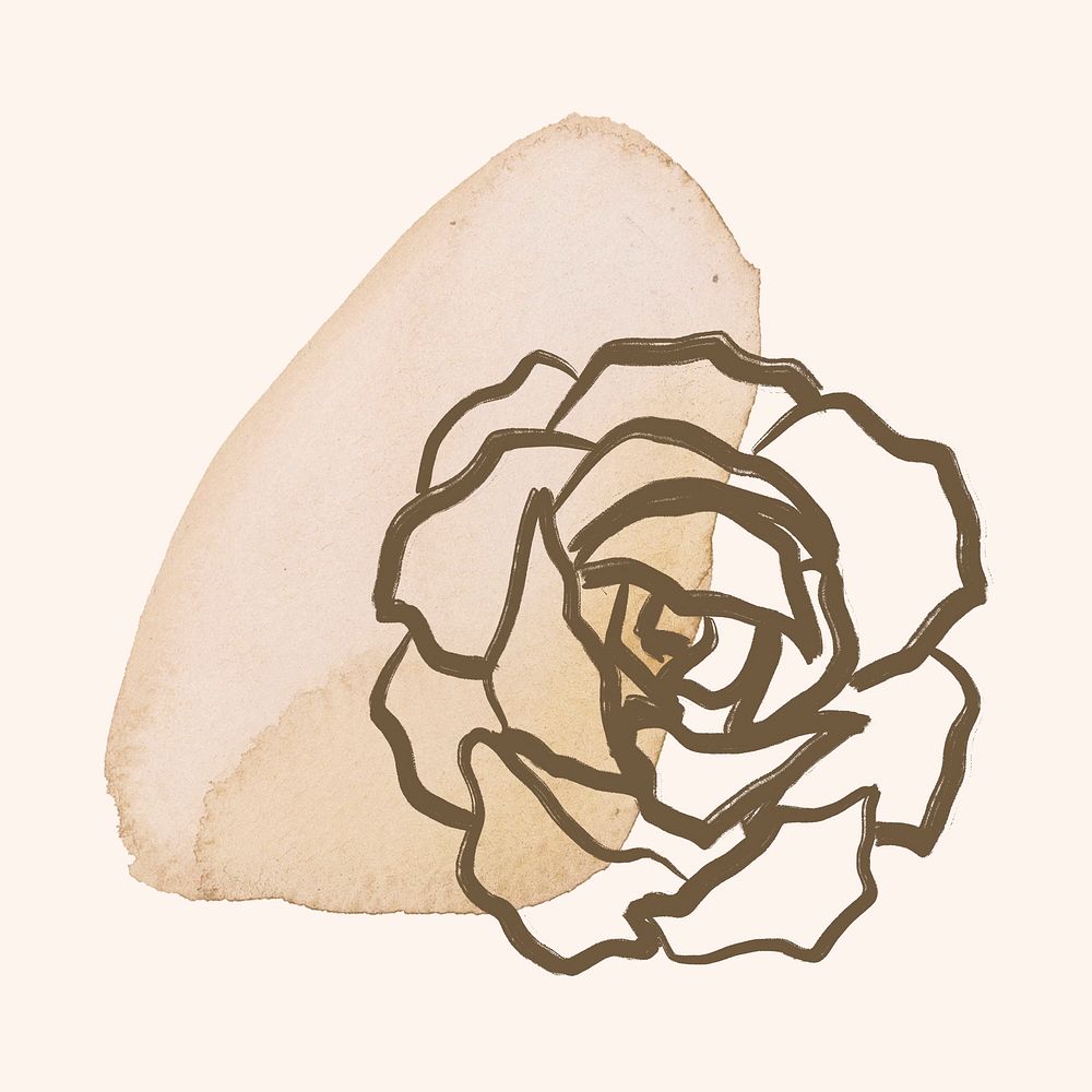 Rose collage sticker, simple flower line art on brushstroke psd