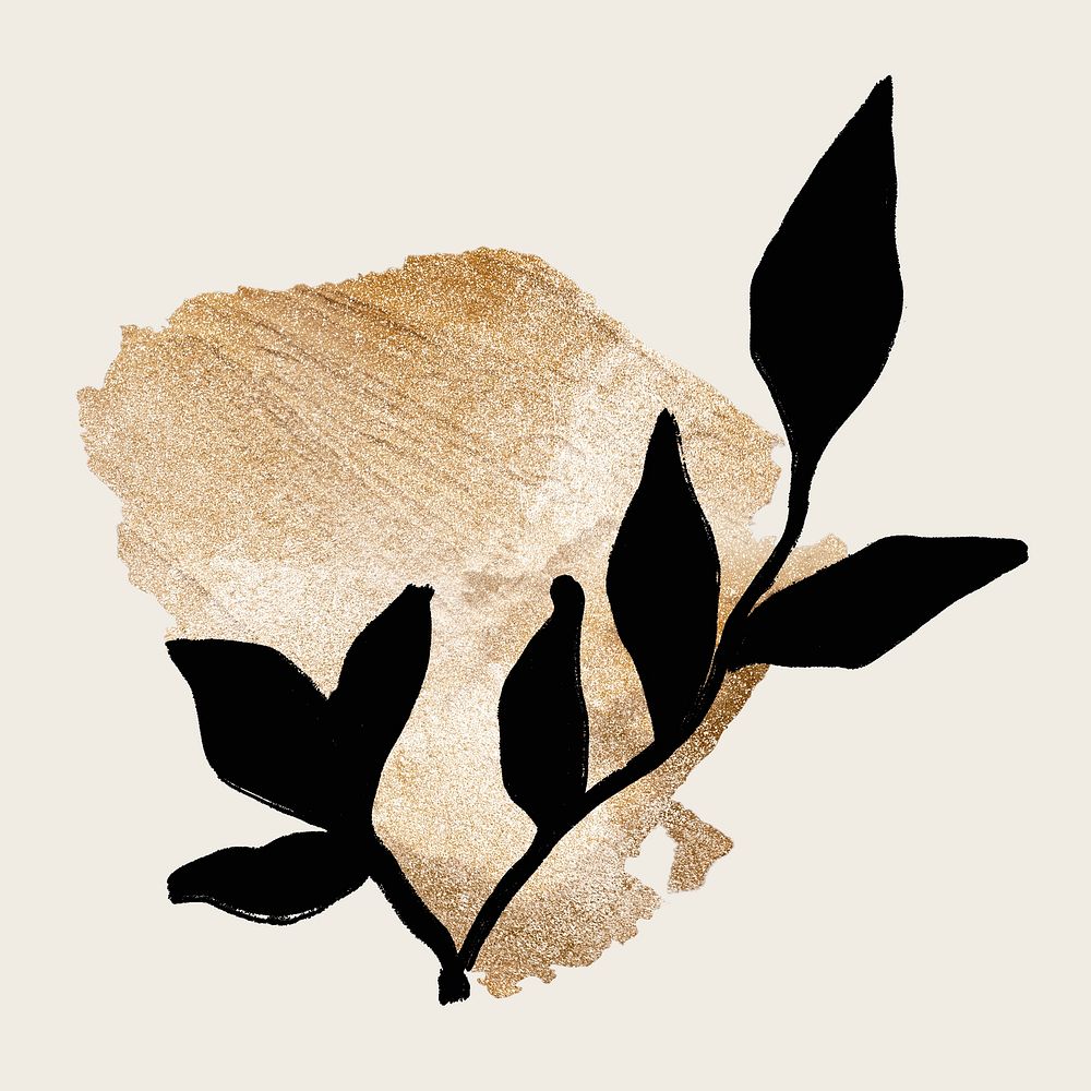 Leaf collage element, botanical illustration on gold brushstroke for scrapbook psd