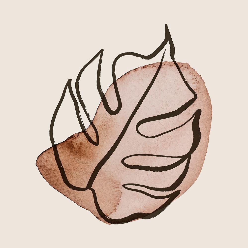 Leaf collage element, simple line art on watercolor brushstroke vector