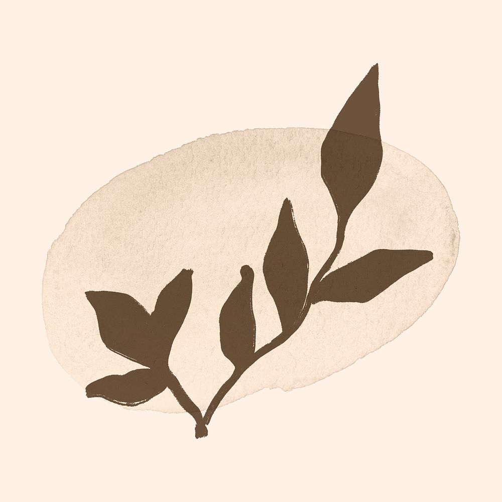 Leaf collage element, botanical illustration on brown watercolor brushstroke psd