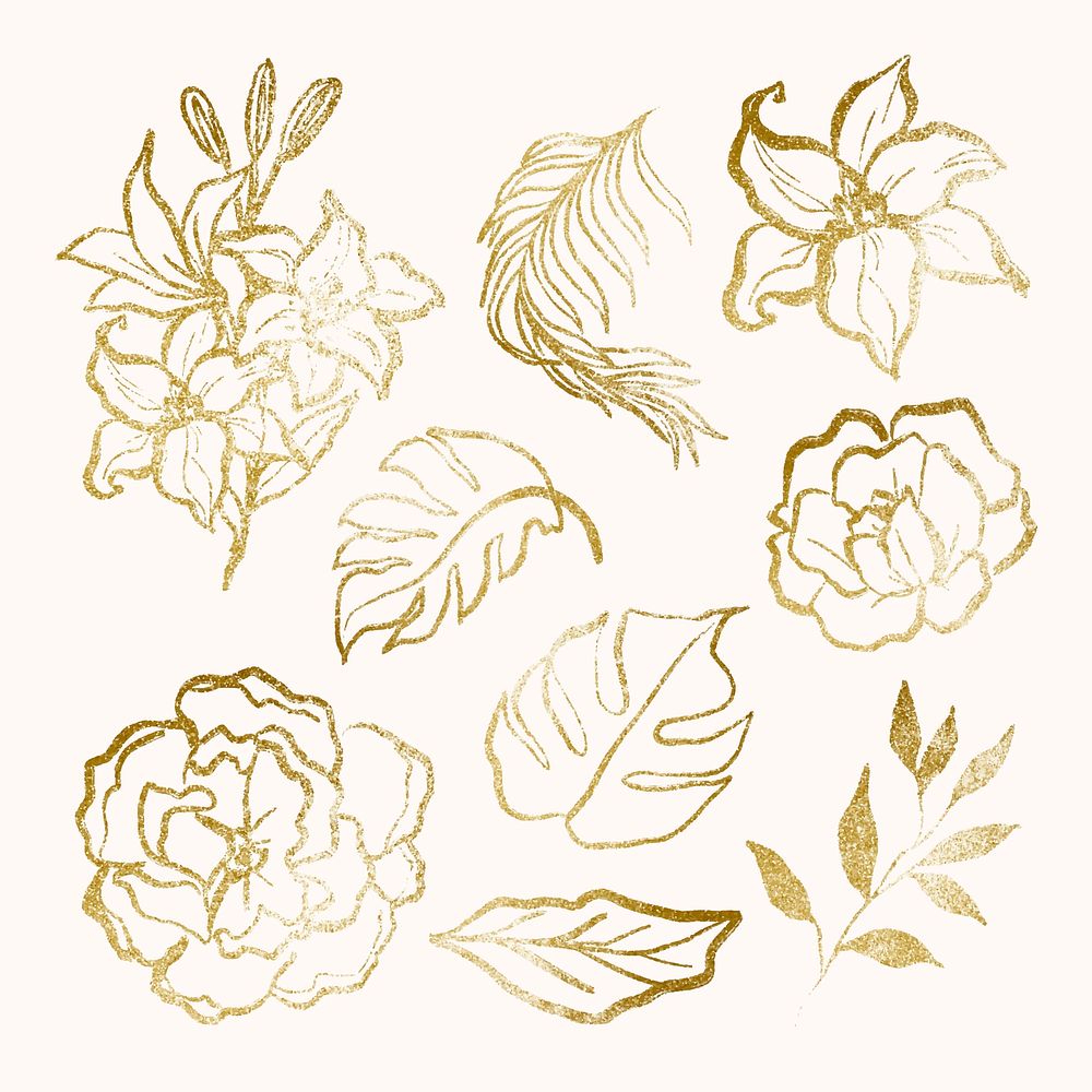 Floral stickers, simple gold collage elements for bullet planner set vector