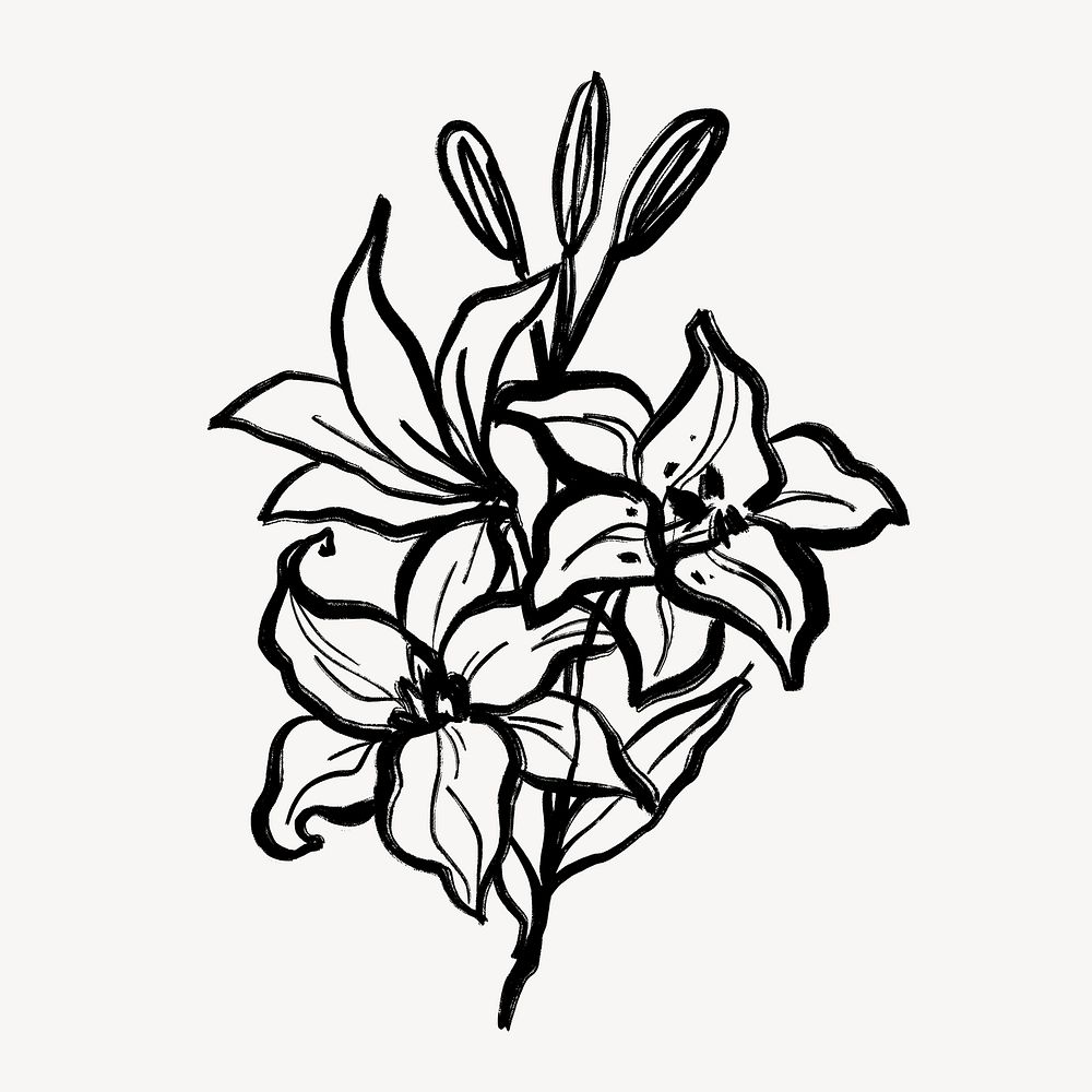 Lilies collage sticker, black line art illustration for planner psd