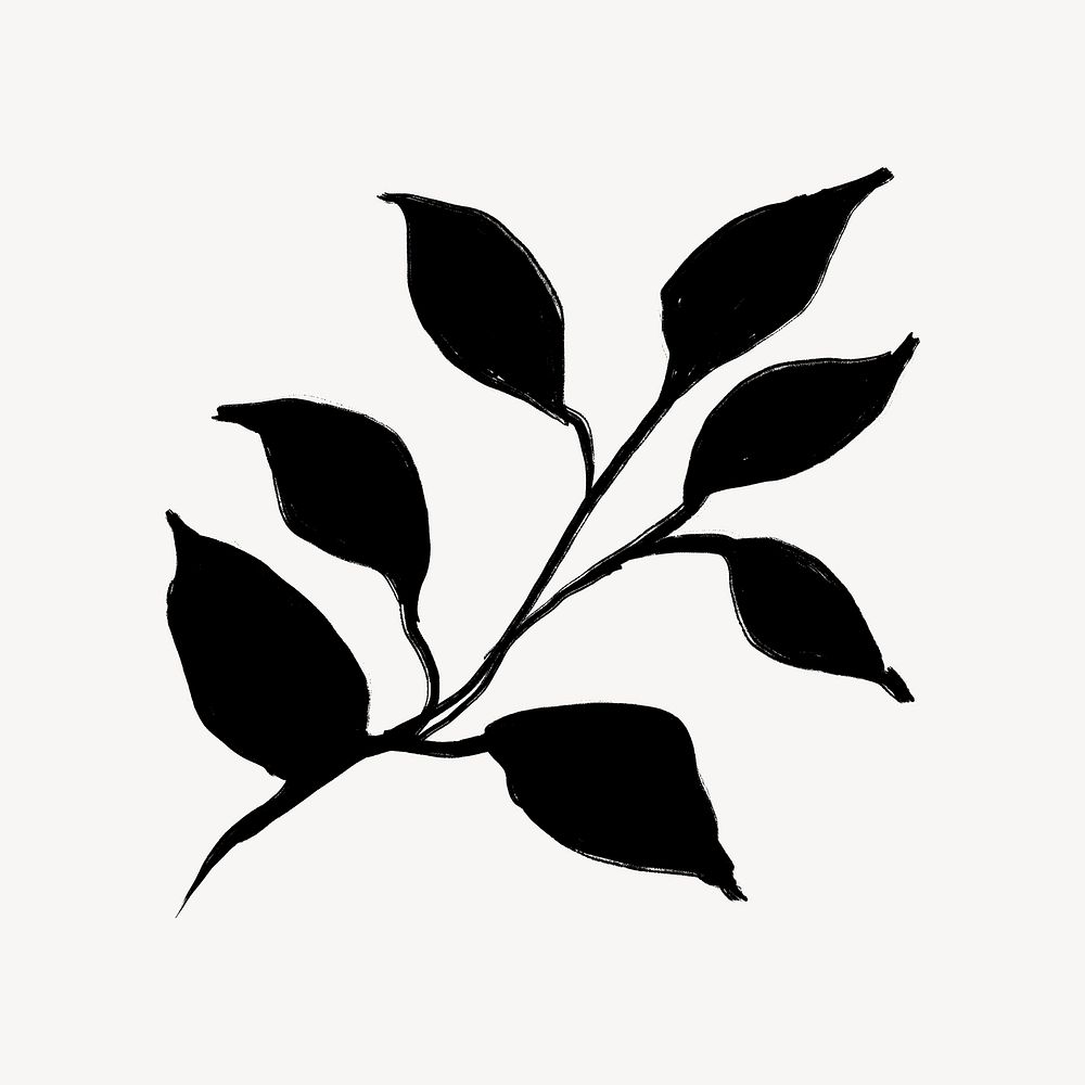 Botanical collage element, black leaf drawing, simple illustration psd