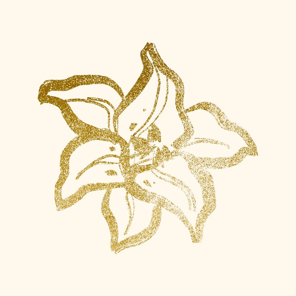 Lily collage element, gold flower line art, simple illustration psd