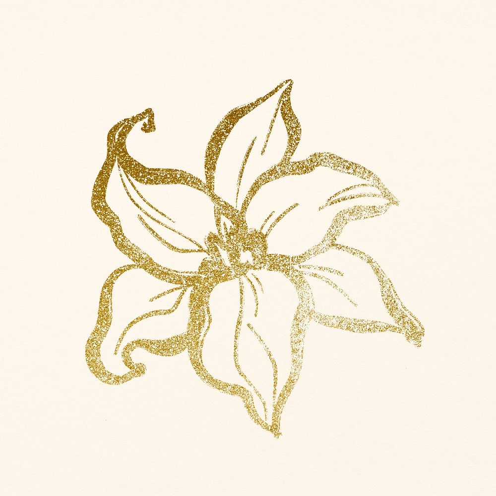 Gold flower sticker, lily line drawing graphic design psd
