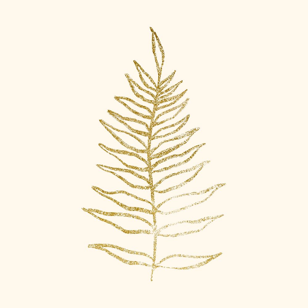 Fern collage sticker, simple gold line drawing vector