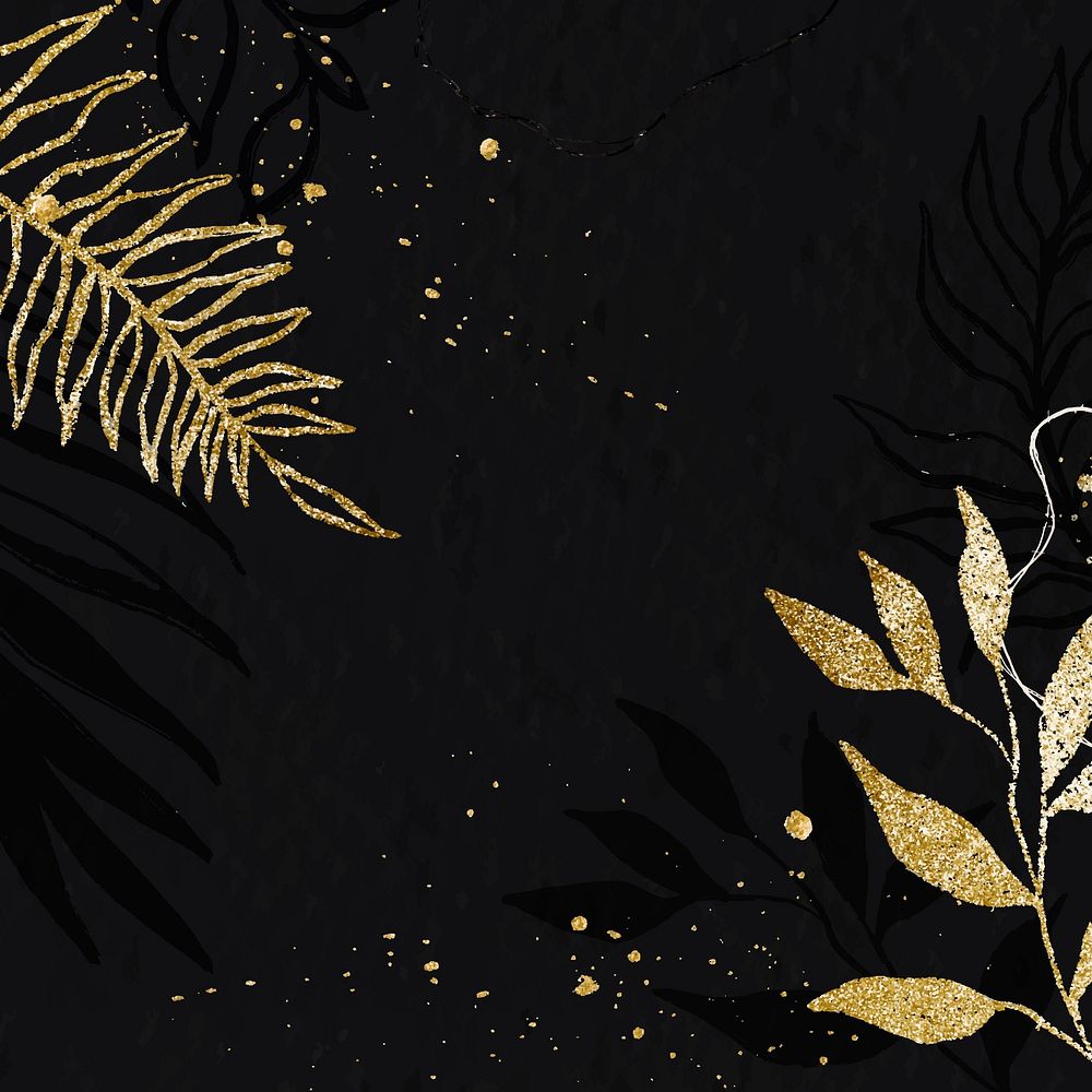 Botanical black background, gold leaf border design vector