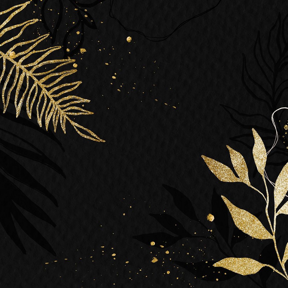 Abstract black background, gold leaf line art illustration 