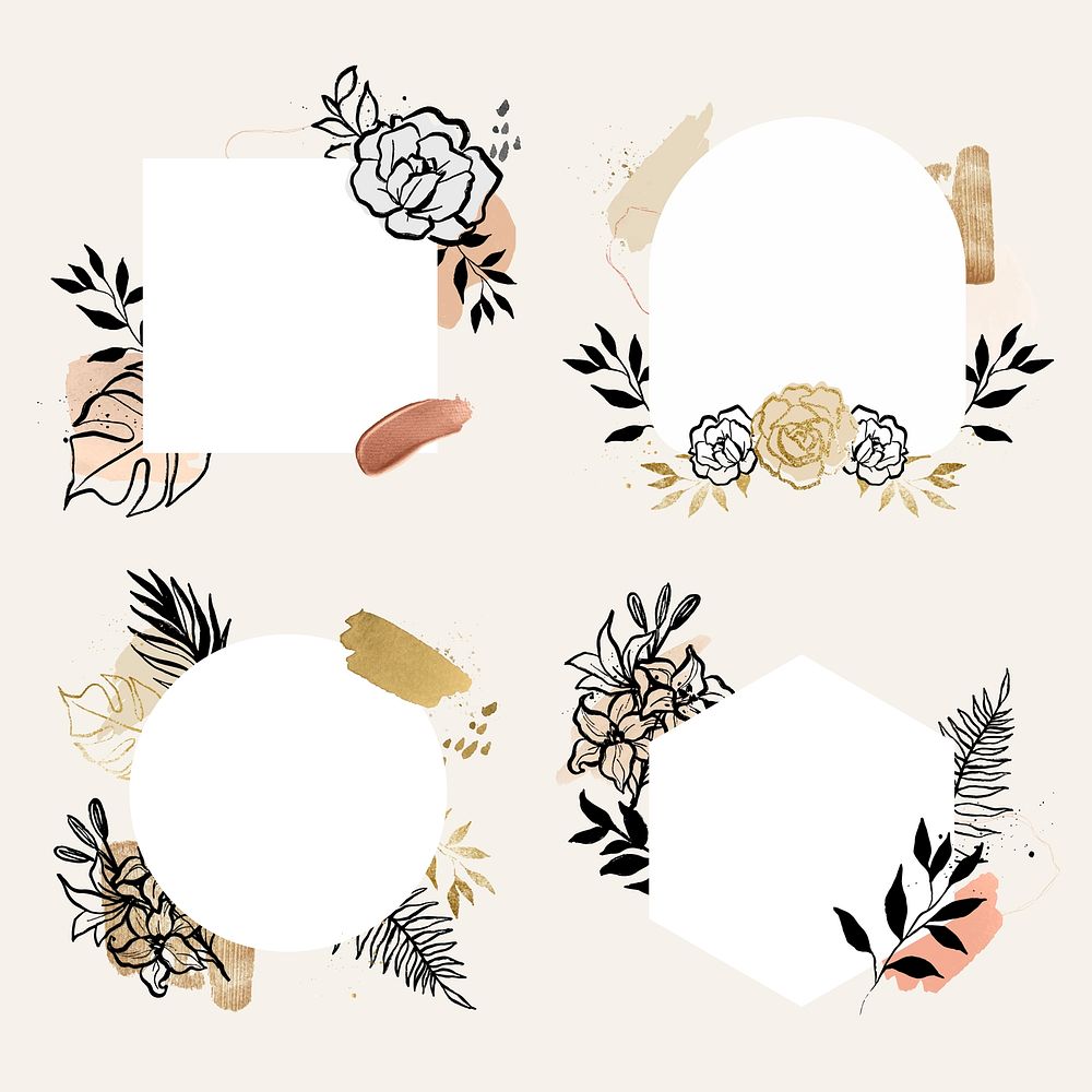 Wedding card frame stickers, aesthetic flower design, minimal line drawing badge set vector