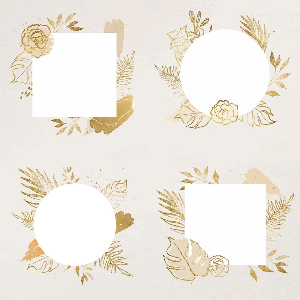 Wedding card frame stickers, aesthetic gold flower design, minimal line drawing style badge set vector