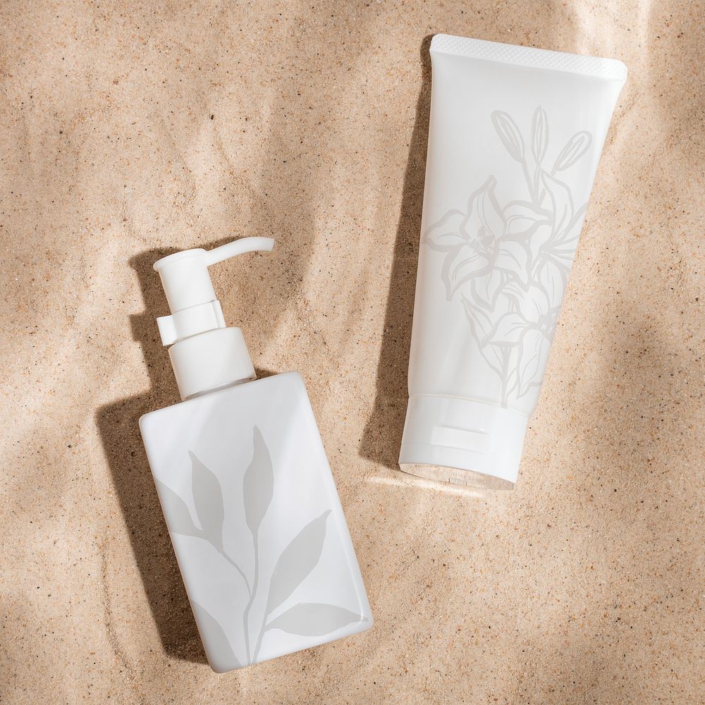 Simple skincare bottle, minimal cosmetic container design on sand background