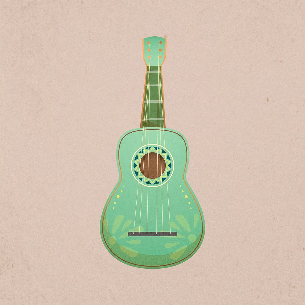 Green Mexican guitar sticker, music instrument psd