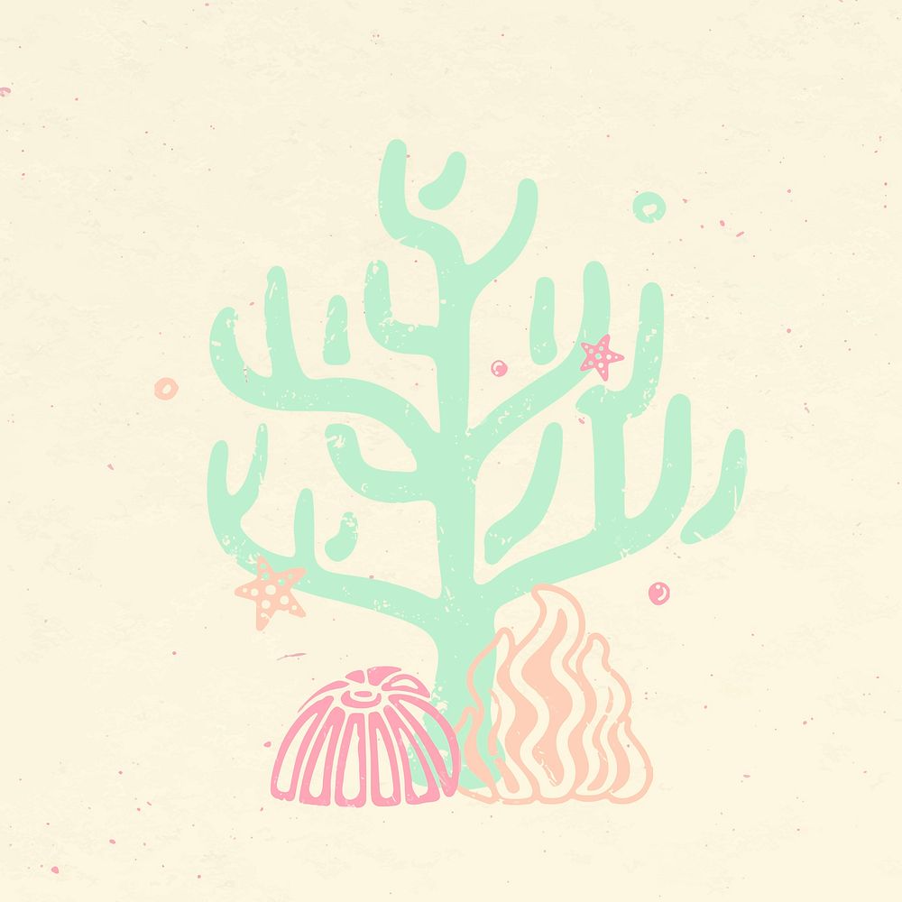 Coral reef sticker, marine creature collage element vector in pastel colors