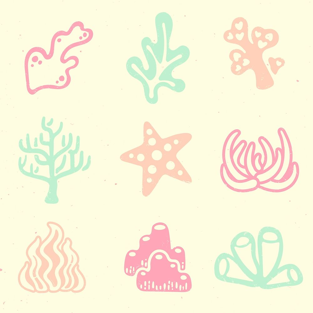 Sea coral sticker, marine collage element vector in colorful pastel colors set