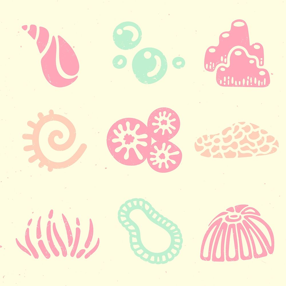 Sea coral sticker, marine life collage element vector in colorful pastel colors set