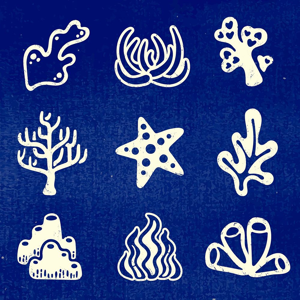 Underwater coral sticker, marine life vector set on blue background