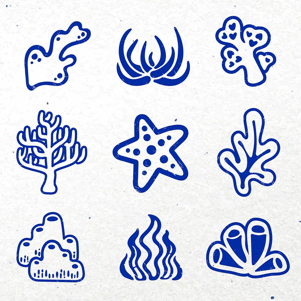 Underwater coral sticker, marine life vector set in blue