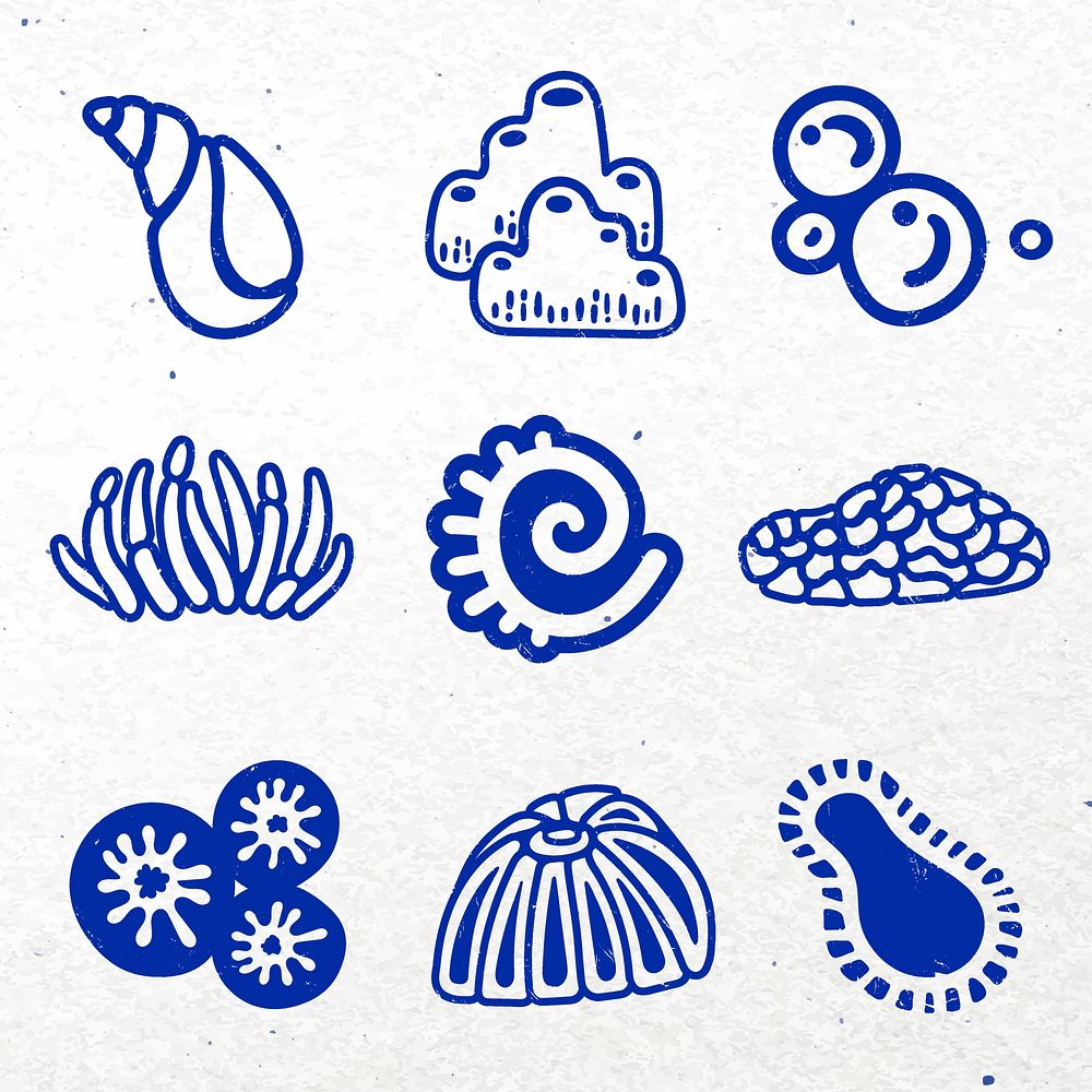 Underwater coral sticker, marine life vector set in blue