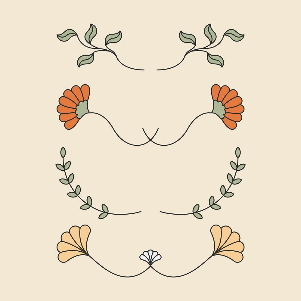 Divider stickers, botanical ornaments, simple plant design, collage element set vector