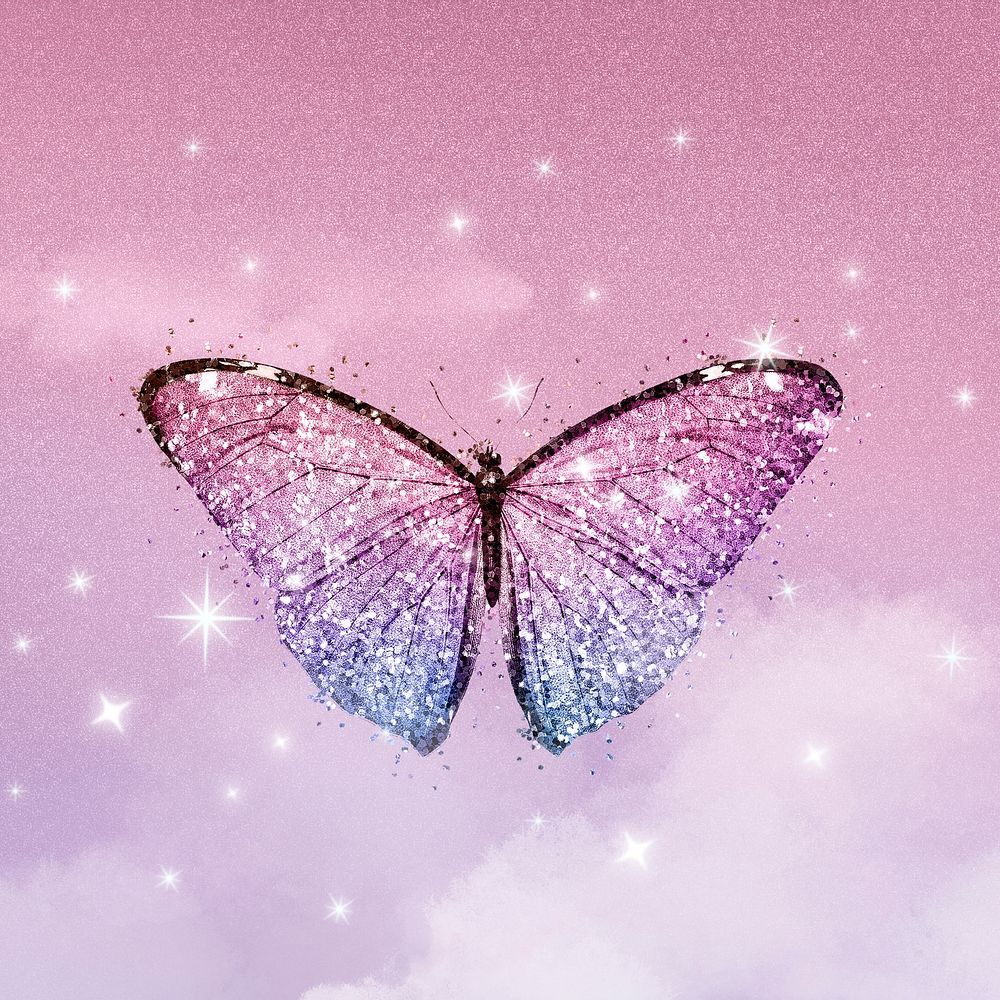 Aesthetic butterfly background, pink sparkling sky design