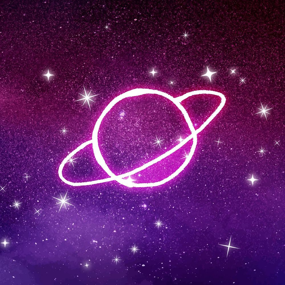 Saturn doodle background, aesthetic galaxy space, sparkling stars in dark purple vector