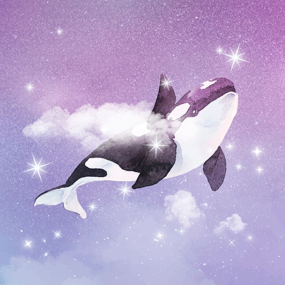 Orca whale background, beautiful fantasy art, sparkling stars design