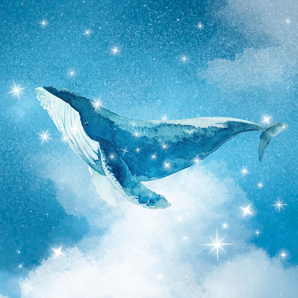 Beautiful whale background, blue fantasy art, glittering stars design vector