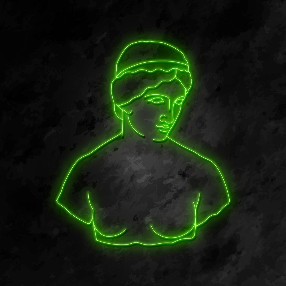 Greek woman collage element, glowing neon line art in green vector