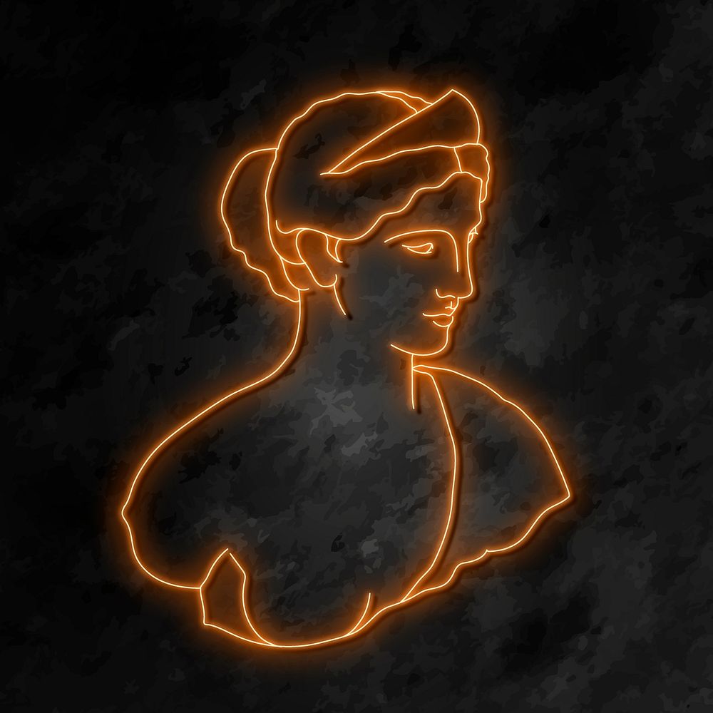 Greek woman collage element, glowing neon line art in orange vector