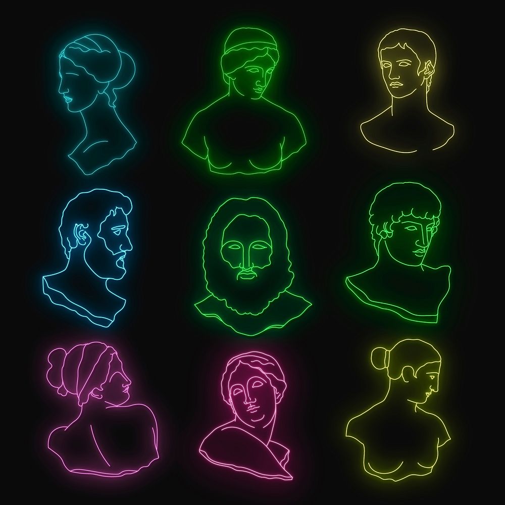 Greek people collage element, glowing neon design vector set