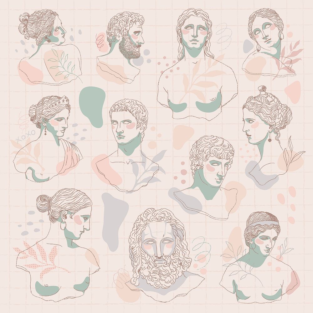 Greek people collage element, feminine design vector set