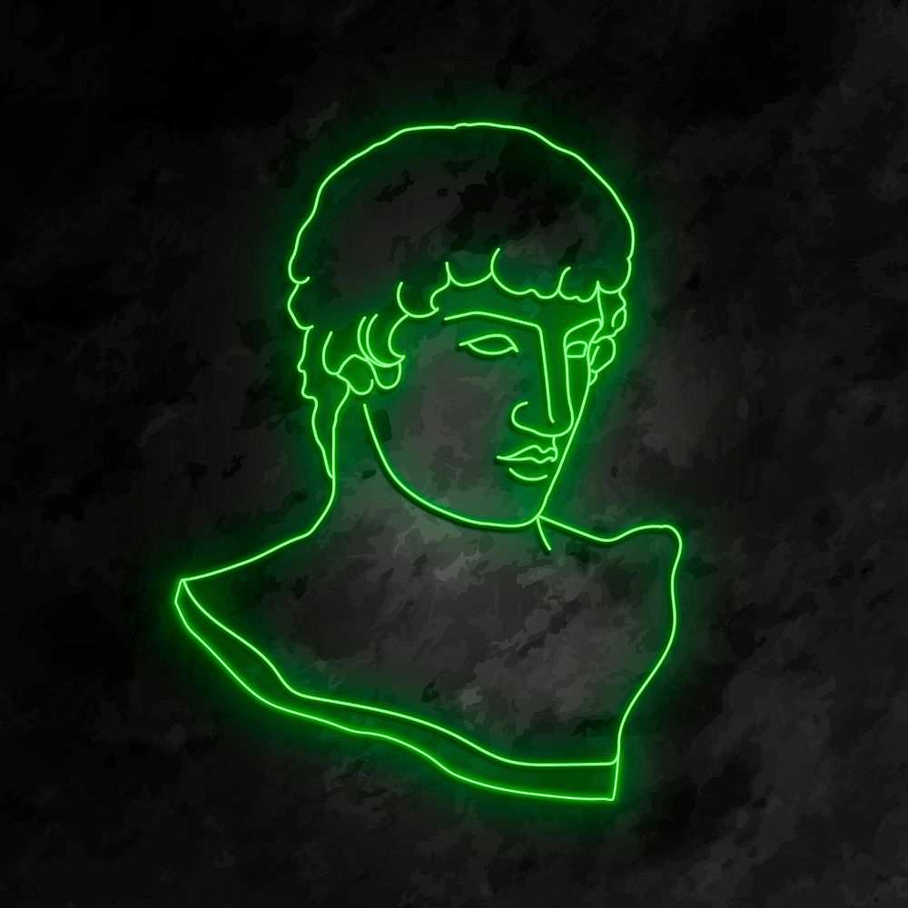 Classical sculpture illustration, glowing neon drawing of Antinous