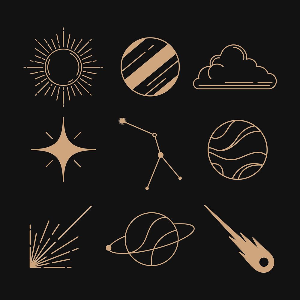 Gold galaxy stickers, aesthetic line drawing collage element set vector
