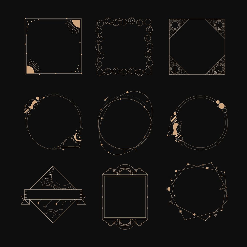 Mystical celestial frame stickers, aesthetic gold astrology collage element set vector