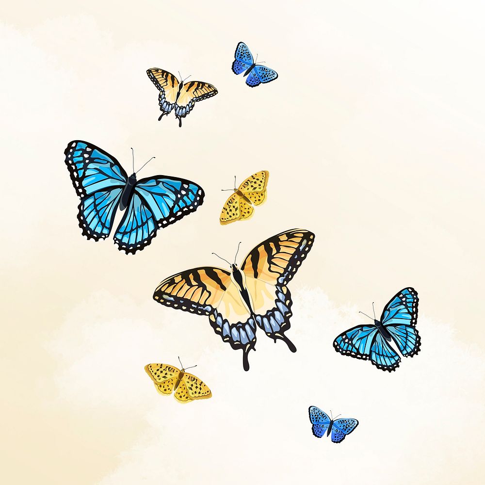 Beautiful butterflies, watercolor illustration on yellow