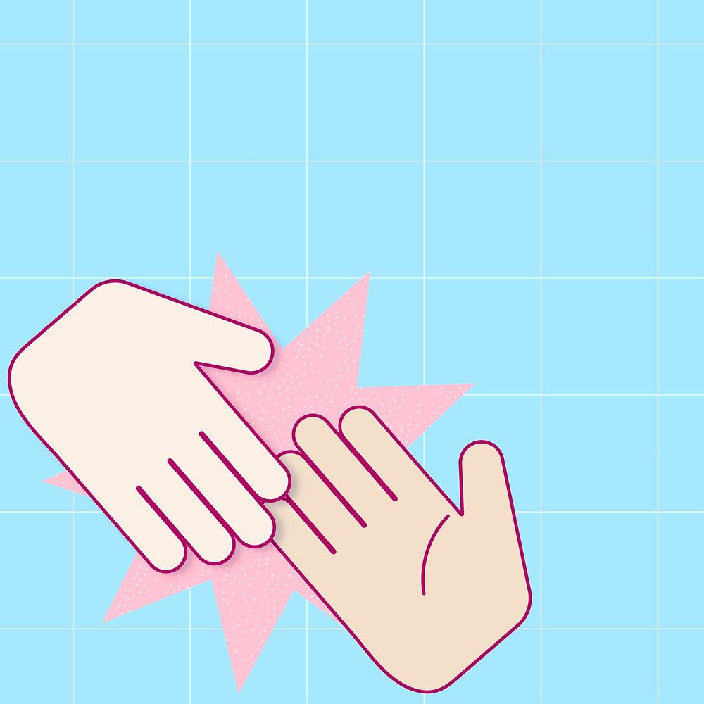 Cute background, touching hands, blue design social media post vector