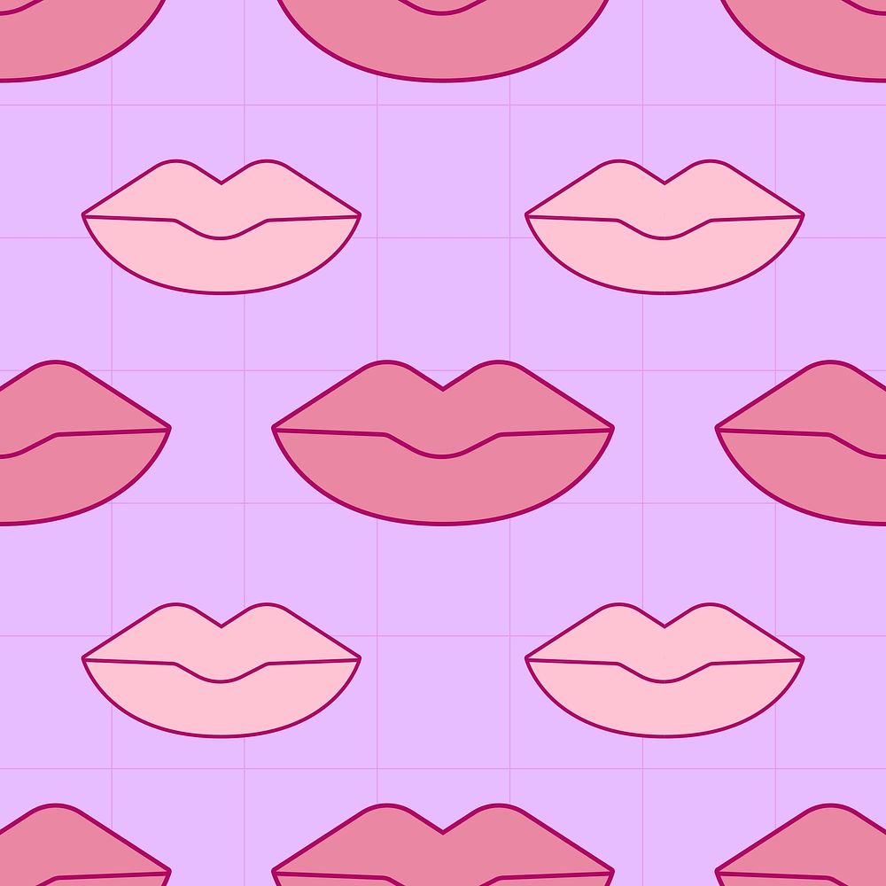 Pink lips pattern background, cute purple design social media post