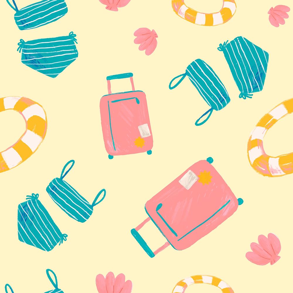 Summer vacation doodle seamless pattern, yellow background