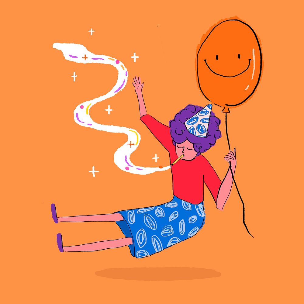 Smoking girl holding balloon, cute cartoon illustration