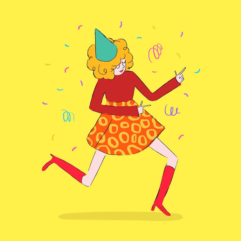 Dancing girl collage element, cute party sticker on yellow background vector