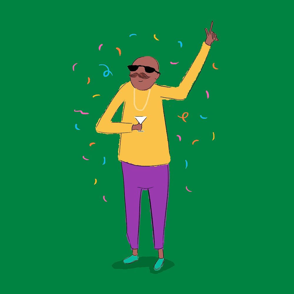 Partying man collage element, cute party sticker on green background vector