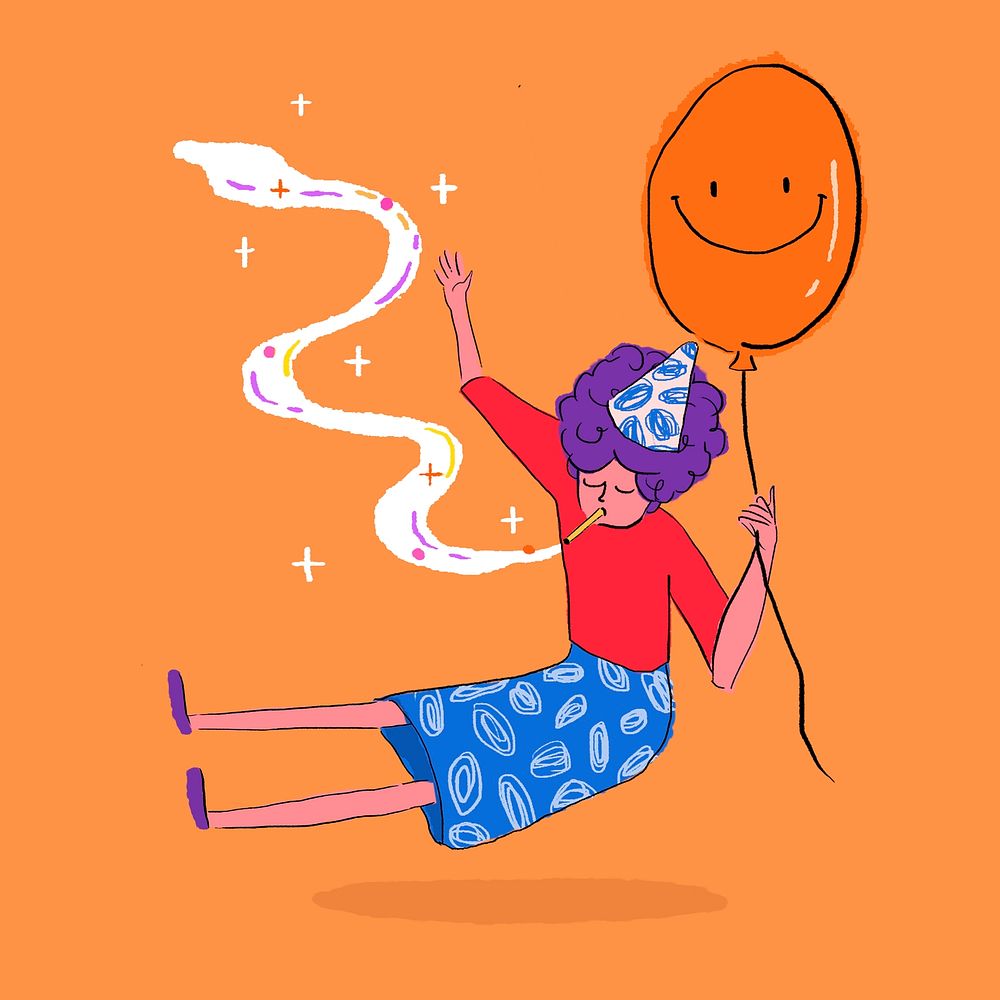 Girl holding balloon collage element, cute party sticker on orange background psd