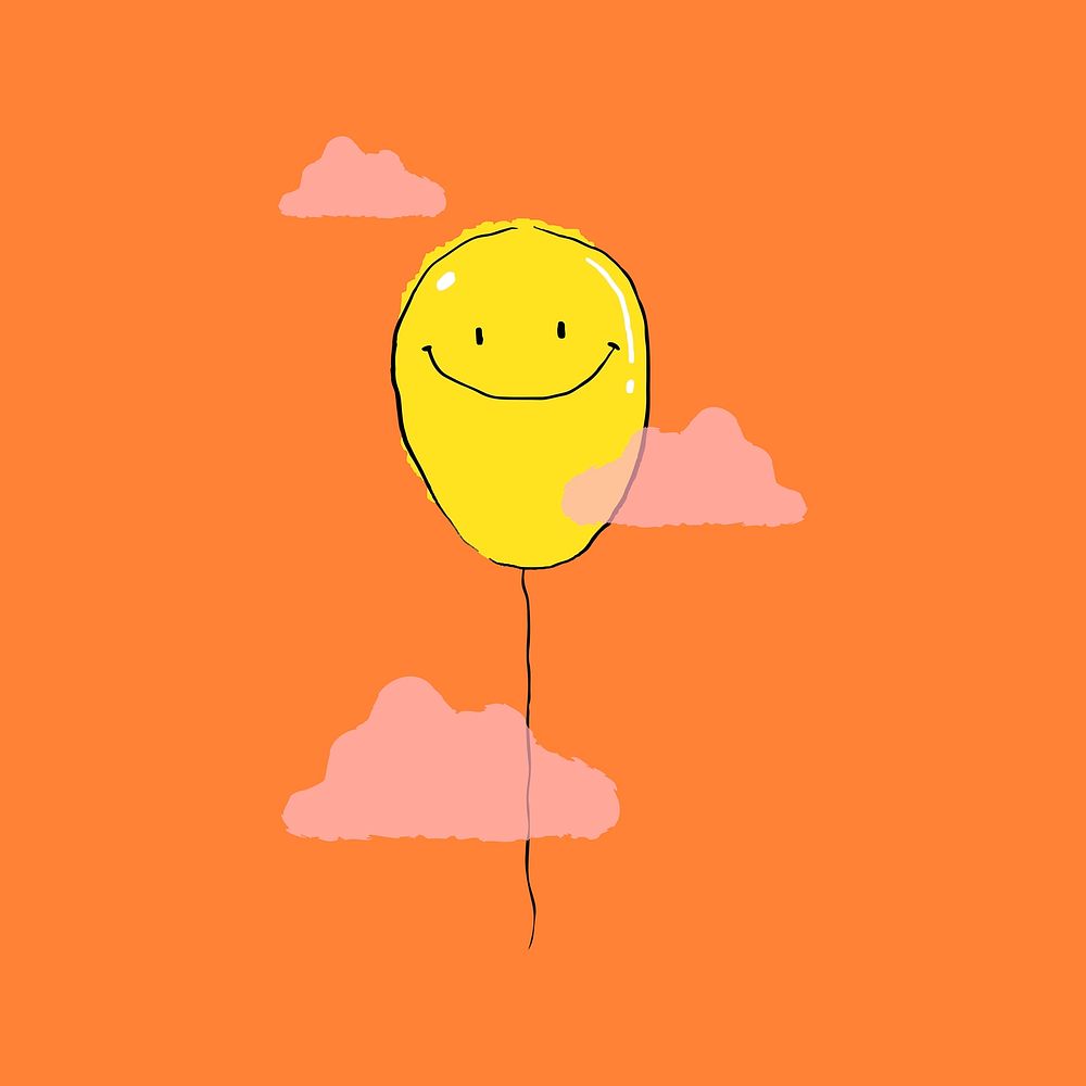 Smiley yellow balloon with cloud, cartoon drawing illustration