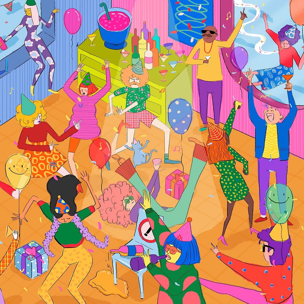 Colorful partying people, drawing cartoon illustration
