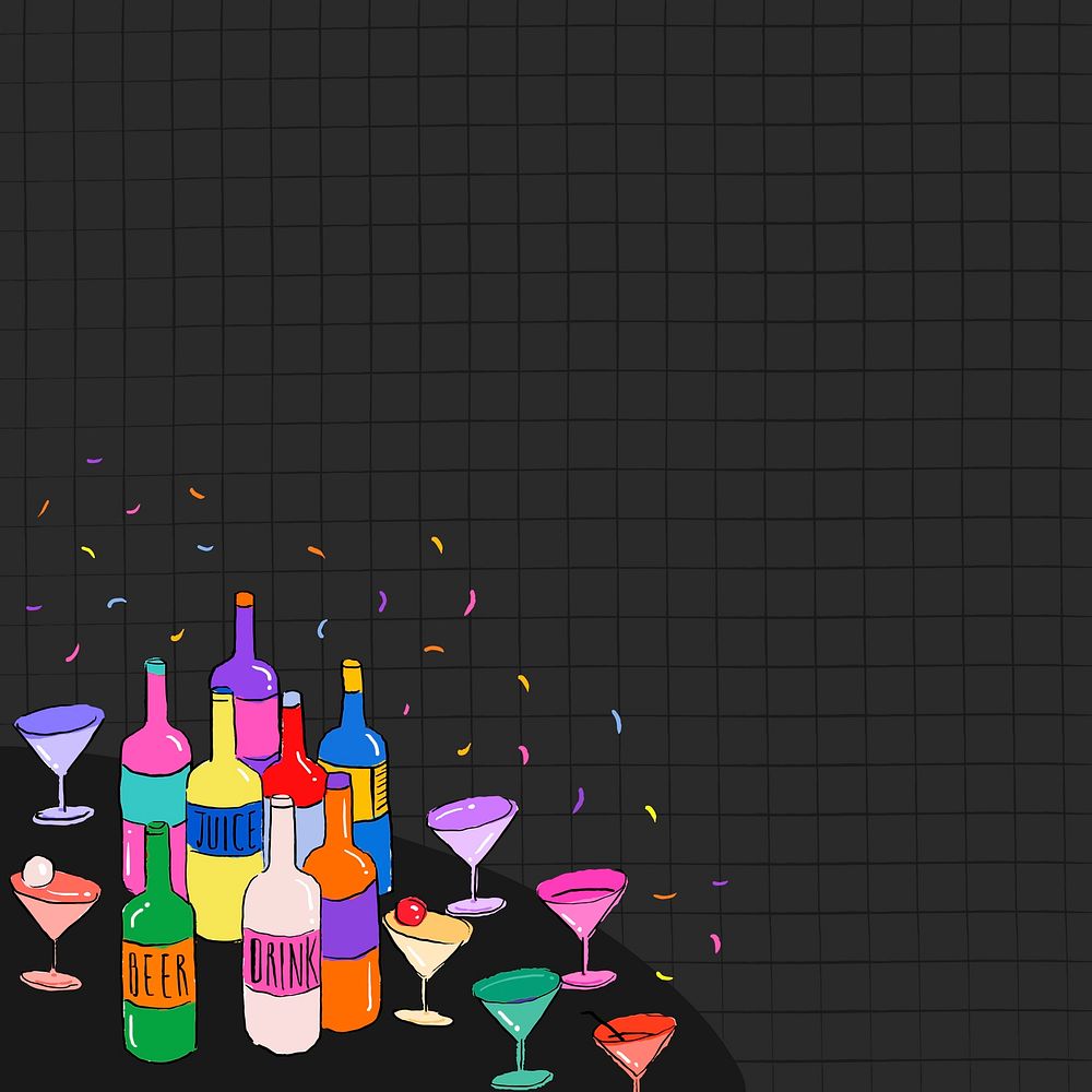 Party drinks border black background, cute drawing illustration for social media post