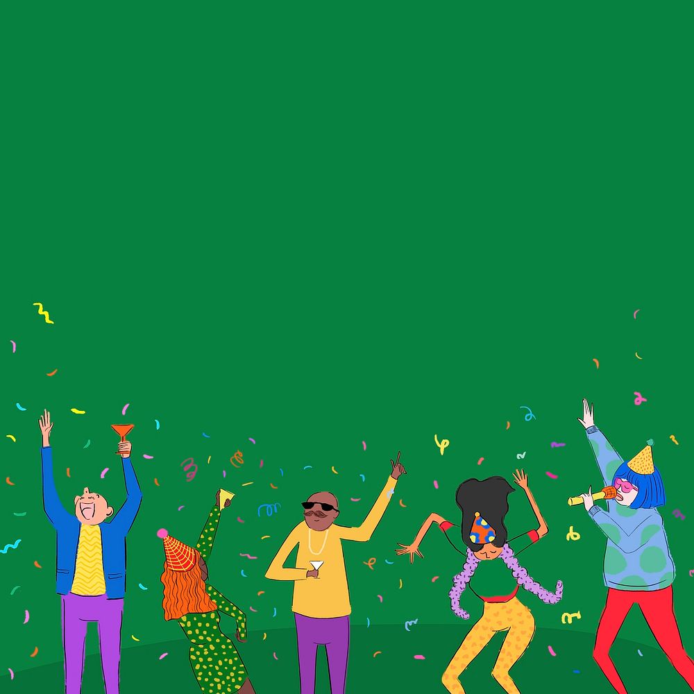 Cute party border green background, dancing cartoons drawing illustration for social media post