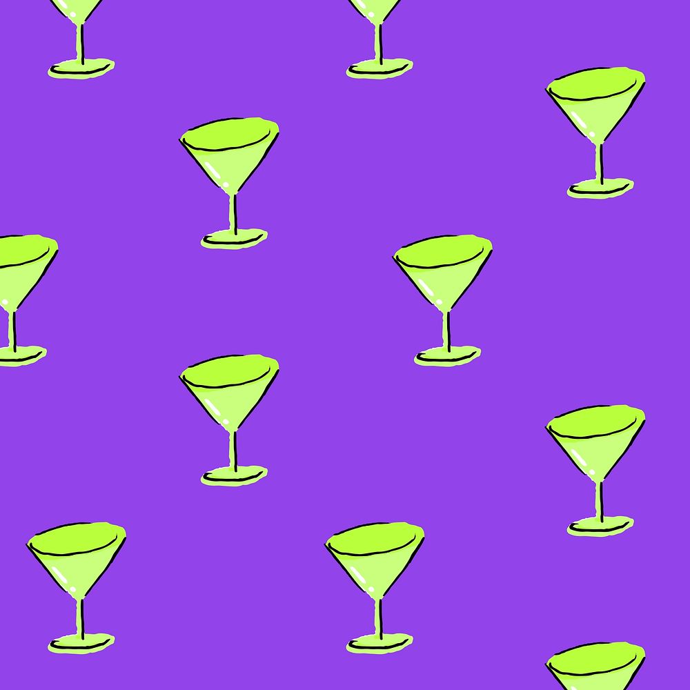 Martini glass pattern purple background, drawing illustration, seamless design